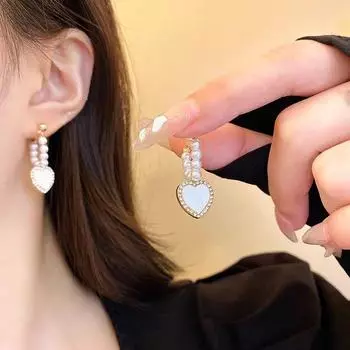 Серебряные серьги-сердечки с жемчугом и бриллиантами — модный корейский дизайн, стиль Net Celebrity, элегантные и милые модные серьги для женщин Heart Pearl Earrings