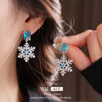 Серебряные серьги-снежинки с цирконами и иглами, высококачественная рождественская мода для женщин Silver Needle синий