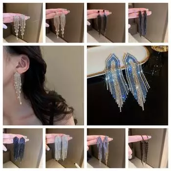 Серебряные серьги со стразами, цинково-цинковый сплав, серьги с кристаллами, модные длинные серьги-кисточки для женщин A