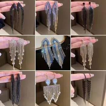 Серебряные серьги со стразами, цинковые серьги из сплава цинка с кристаллами, элегантные длинные висячие серьги с кисточками для девочек A