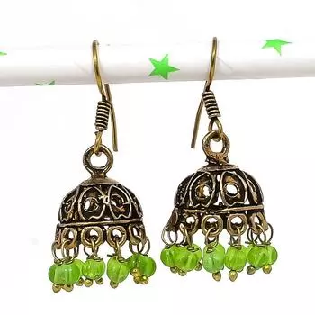 Серебряные серьги в индийском стиле Джумки с драгоценным камнем в племенном стиле Бали 1,38 дюйма W1n82