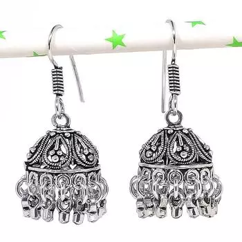 Серебряные серьги в индийском стиле Джумки с драгоценным камнем в племенном стиле Бали, 1,65 дюйма, i7z46