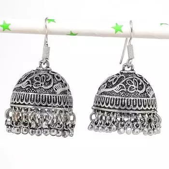 Серебряные серьги в индийском стиле Джумки с драгоценным камнем в племенном стиле Бали, 1,77 дюйма, o7l22