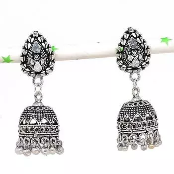 Серебряные серьги в индийском стиле Джумки с драгоценным камнем в племенном стиле Бали, 1,81 дюйма, k7t44