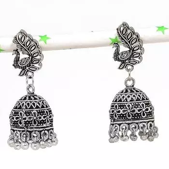 Серебряные серьги в индийском стиле Джумки с драгоценным камнем в племенном стиле Бали, 1,77 дюйма, s0o48