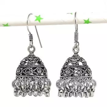 Серебряные серьги в индийском стиле Джумки с драгоценным камнем в племенном стиле Бали, 1,85 дюйма, g4p22