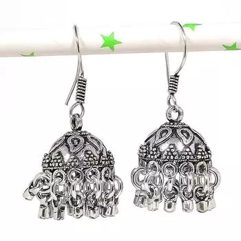 Серебряные серьги в индийском стиле Джумки с драгоценным камнем в племенном стиле Бали 1,62 дюйма F6k27