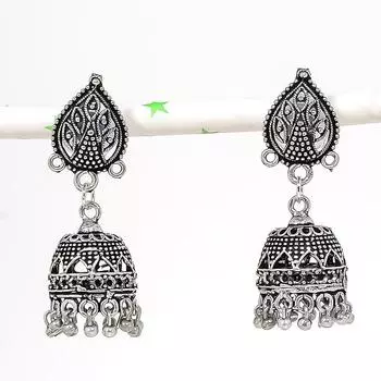 Серебряные серьги в индийском стиле Джумки с драгоценным камнем в племенном стиле Бали 1,73 дюйма L5C10