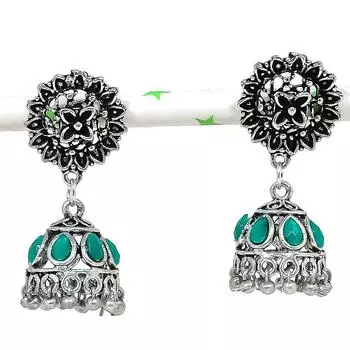 Серебряные серьги в индийском стиле Джумки с драгоценным камнем в племенном стиле Бали 1,62 дюйма e3c80