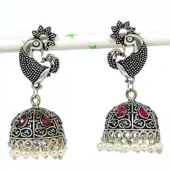 Серебряные серьги в индийском стиле Джумки с драгоценным камнем в стиле племени Бали 2,09 дюйма c0l62