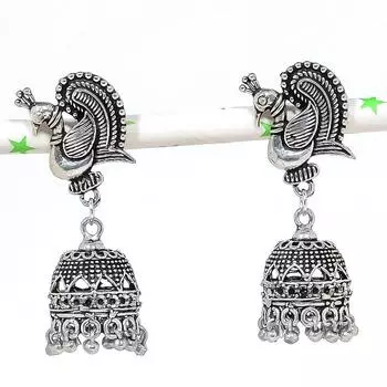Серебряные серьги в индийском стиле Джумки с драгоценным камнем в племенном стиле Бали 1,85 дюйма l1m02
