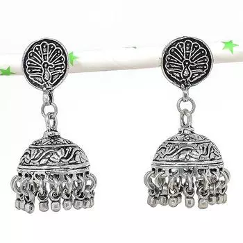 Серебряные серьги в индийском стиле Джумки с драгоценным камнем в племенном стиле Бали 1,85 дюйма P9Z36