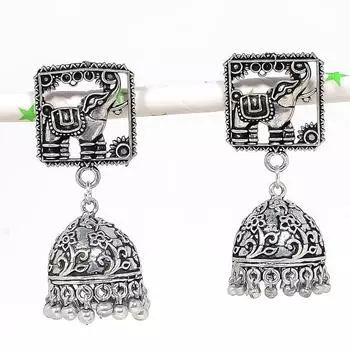 Серебряные серьги в индийском стиле Джумки с драгоценным камнем в стиле племени Бали 1,89 дюйма s5P84