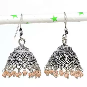 Серебряные серьги в индийском стиле Джумки с драгоценным камнем в стиле племени Бали 1,69 дюйма R1i50