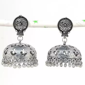 Серебряные серьги в индийском стиле Джумки с драгоценным камнем в племенном стиле Бали 1,85 дюйма f7M01