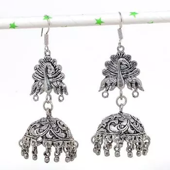 Серебряные серьги в индийском стиле Джумки с драгоценным камнем в племенном стиле Бали 2,99 дюйма I5F95