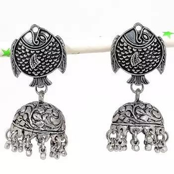 Серебряные серьги в индийском стиле Джумки с драгоценным камнем в племенном стиле Бали 1,81 дюйма E9c68
