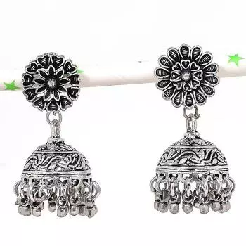 Серебряные серьги в индийском стиле Джумки с драгоценным камнем в племенном стиле Бали 1,73 дюйма q4o49