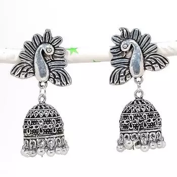 Серебряные серьги в индийском стиле Джумки с драгоценным камнем в племенном стиле Бали, 1,89 дюйма, h4k09