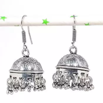 Серебряные серьги в индийском стиле Джумки с драгоценным камнем в племенном стиле Бали 1,85 дюйма N2K97