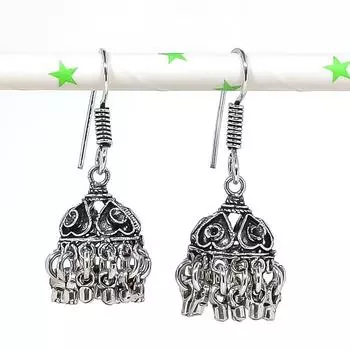 Серебряные серьги в индийском стиле Jhumki с драгоценным камнем в племенном стиле Бали 1,65 дюйма K0H32