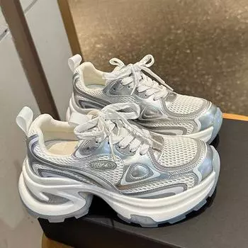 Серебряные туфли для папы, детская летняя новая сетчатая дышащая толстая подошва, увеличивающая рост, кожаная повседневная спортивная обувь 35