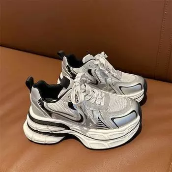 Серебряные туфли для папы на платформе, женские, начало осени 2024 года, новые, усиленные, дышащие, кроссовки в стиле ретро для улицы и улицы 35 белый