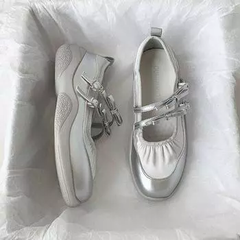 Серебряные туфли Мэри Джейн для женщин, кроссовки, новая мода, повседневная обувь с пряжкой на ремне и бантом, мягкие кожаные туфли на платформе для ходьбы 35