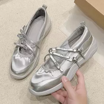 Серебряные туфли Мэри Джейн для женщин, кроссовки, модные повседневные туфли с бантом и пряжкой на ремне, женские балетки из мягкой кожи на платформе 35 серебряный