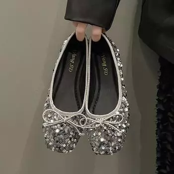 Серебряные туфли Мэри Джейн Элегантные серебряные одинарные туфли на плоской подошве с пайетками 35 серебряный