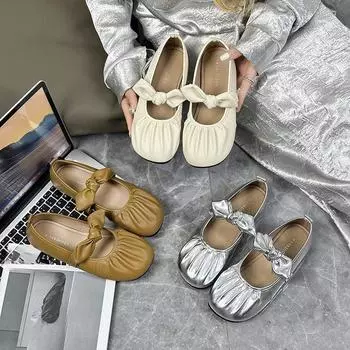 Серебряные туфли Мэри Джейн женские темпераментные плиссированные мягкие туфли бабушки на плоской подошве модные и удобные 35 серебряный