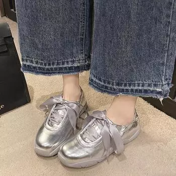 Серебряные туфли на мягкой подошве для женщин, кроссовки, весенние женские беговые повседневные туфли, модные женские балетки на платформе со шнуровкой 35