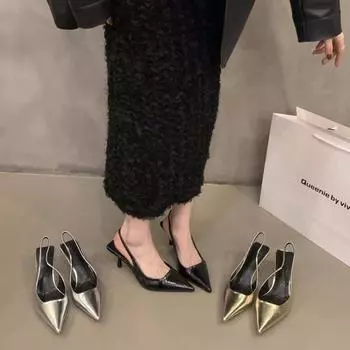 Серебряные туфли на высоком каблуке с острым носком, темпераментные босоножки с сумкой на голове, сказочные туфли 2024 года, новые французские туфли-пустышки для весны и лета 35 чёрный