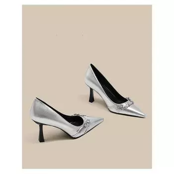 Серебряные туфли на высоком каблуке в стиле светской львицы, женские, новинка 2024 года, французские, чистое желание, темперамент, заостренные туфли с юбкой 34 чёрный