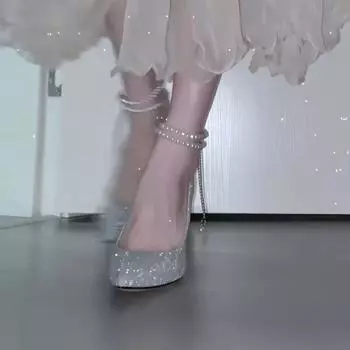 Серебряные туфли на высоком каблуке женские туфли-шпильки 2025 новые подружки невесты 18-летняя взрослая церемония главное свадебное платье блестки хрустальные свадебные туфли 34