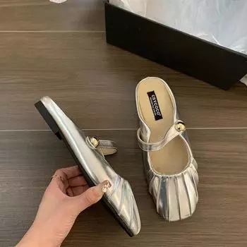 Серебряные туфли женские весна-лето популярная сумка на голову полудраг одежда 2024 новые сандалии Мэри Джейн с юбкой одинарные туфли 35 серебряный