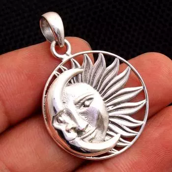 Серебряные украшения, Кулон Солнце и Луна , Ювелирные изделия ручной работы, Серебряные украшения с подвесками, Стерлинговое серебро 925 пробы серебряный
