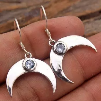 Серебряные украшения, Лунная серьга, Серебро 925 пробы, Ювелирные изделия ручной работы, Женские украшения синий