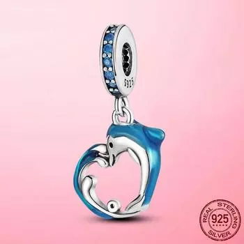 Серебряный 925 пробы дельфин любовь шарм синий фианит циркон бусины кулон подходит для фирменного браслета ожерелья оригинальные 925 серебряные ювелирные изделия