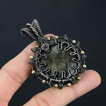 Серебряный блеск обсидиана драгоценный камень ручной работы из чистой медной проволоки подвеска для ювелирных изделий для любви 2.64 Inches зелёный