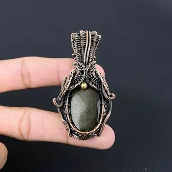 Серебряный блеск обсидиана, драгоценный камень, ювелирные изделия ручной работы, подвеска из чистой медной проволоки 2.83 Inches зелёный