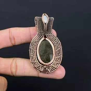 Серебряный блеск обсидиана и лунного камня драгоценный камень чистая медная проволока обертка ручной работы красивая ювелирная подвеска 2.56 Inches зелёный