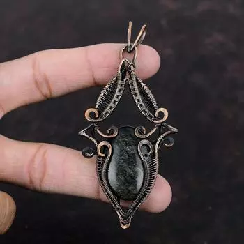 Серебряный Блеск Обсидиана Кулон Медная Проволока Обернутый Кулон Подвеска Из Драгоценного Камня Удивительные Медные Ювелирные Изделия Подвеска Ручной Работы Элегантные Ювелирные Изделия Для Подарка