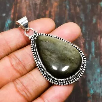 Серебряный блеск обсидиана, ювелирный кулон ручной работы из стерлингового серебра 925 пробы с драгоценными камнями 2.27 Inches зелёный