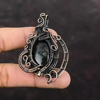 Серебряный блеск обсидиановый кулон Медная проволока Кулон Оригинальный кулон с драгоценным камнем Медные украшения Стильный кулон Ювелирные изделия ручной работы для подарка