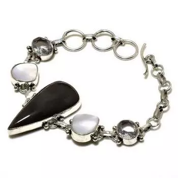 Серебряный блестящий обсидиан, белый топаз, драгоценный камень, подарочный ювелирный браслет 6–8 дюймов