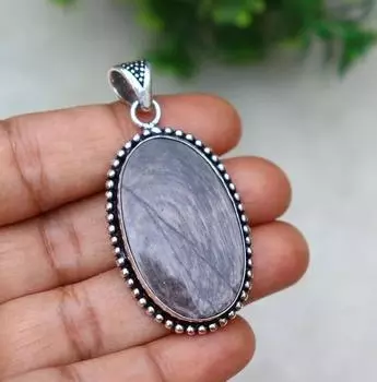 Серебряный блестящий обсидиановый драгоценный камень кулон/925 стерлингового серебра ручной работы кулон для меня и женщин L серый