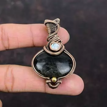 Серебряный блестящий обсидиановый кулон, медная проволочная обертка, радужный лунный камень, драгоценный камень, медная бижутерия, кулон ручной работы, подарок на помолвку