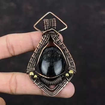 Серебряный блестящий обсидиановый кулон, медная проволока, обернутая кулоном, драгоценный камень, медные украшения, ручная работа, дизайнерский кулон, проволочная обертка, ювелирное изделие, подарок для нее