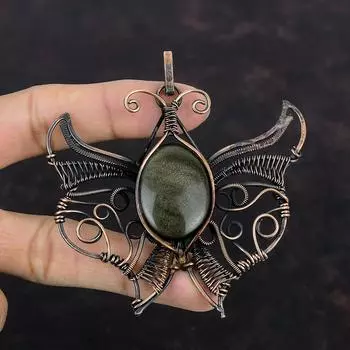 Серебряный блестящий обсидиановый кулон, обернутый медной проволокой, натуральный драгоценный камень, бабочка, медная бижутерия, кулон ручной работы, подарок для матери